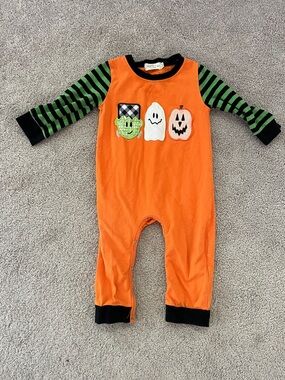 Orange Halloween Appliqué Romper with Black & Green Striped Sleeves
